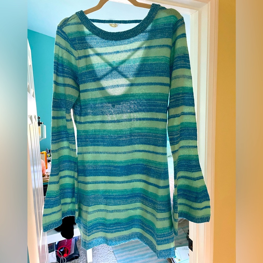 New with tags striped blue and green crotchet long sleeve mini dress.
